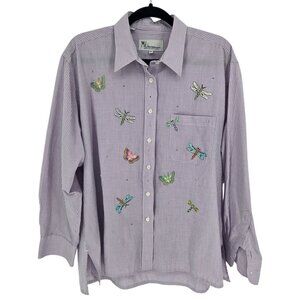 Mili Designs womens size XL purple white pin check Dragonfly butterfly button up